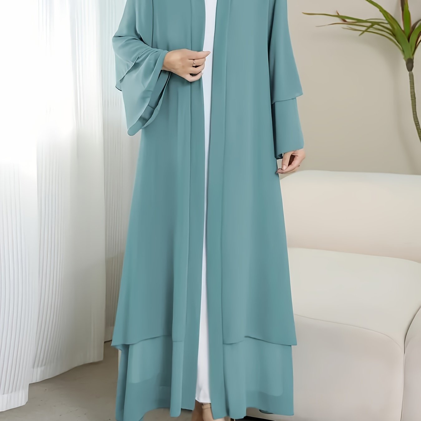 Solid Color Tie Waist Modest Dress, Elegant Layered Hem Maxi '/MH
