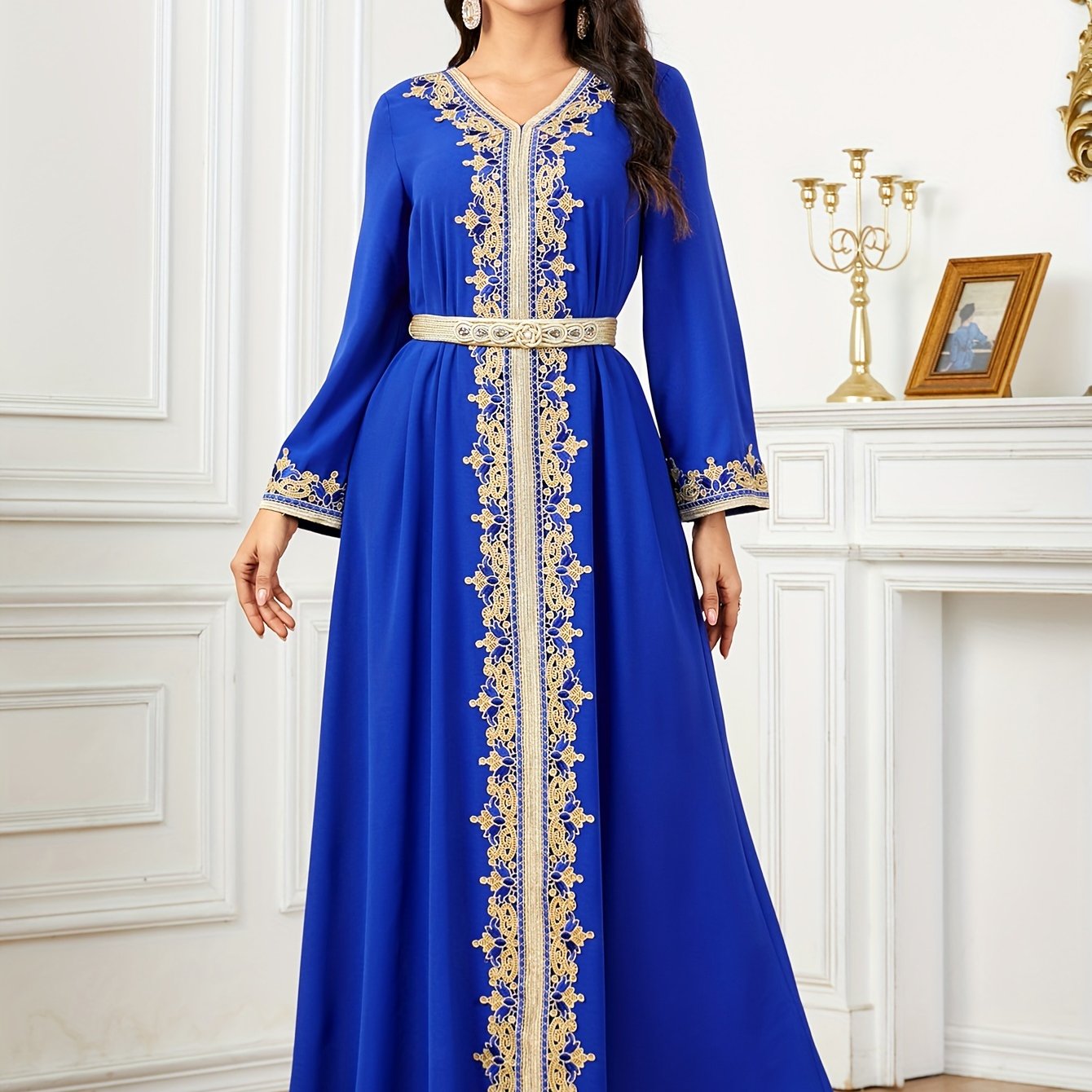 Contrast Lace V-neck Kaftan Dress, Elegant Long Sleeve'/MH