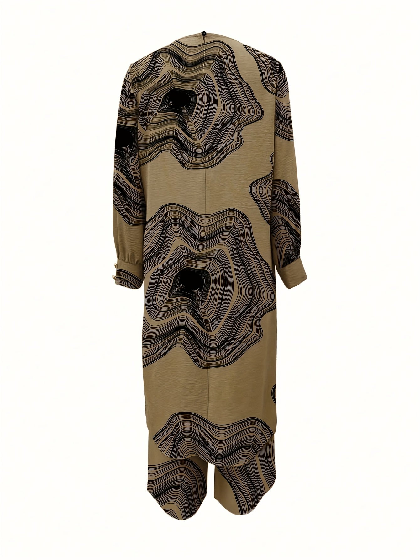 Solid Color Button Design Long Sleeve Top and Pants Set, Arabic Style,/MH