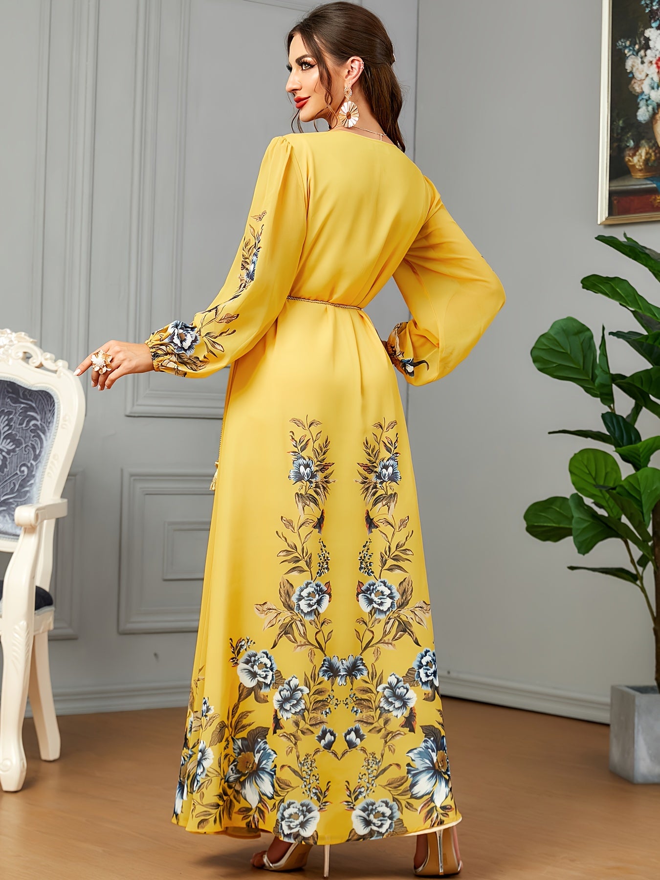 Floral Print Long Sleeve Kaftan Dress, women fashion'/MH