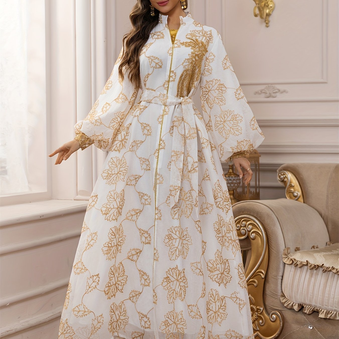 Dubai Floral Embroidery Belted Dress Belt included Lantern Sleeve/MH