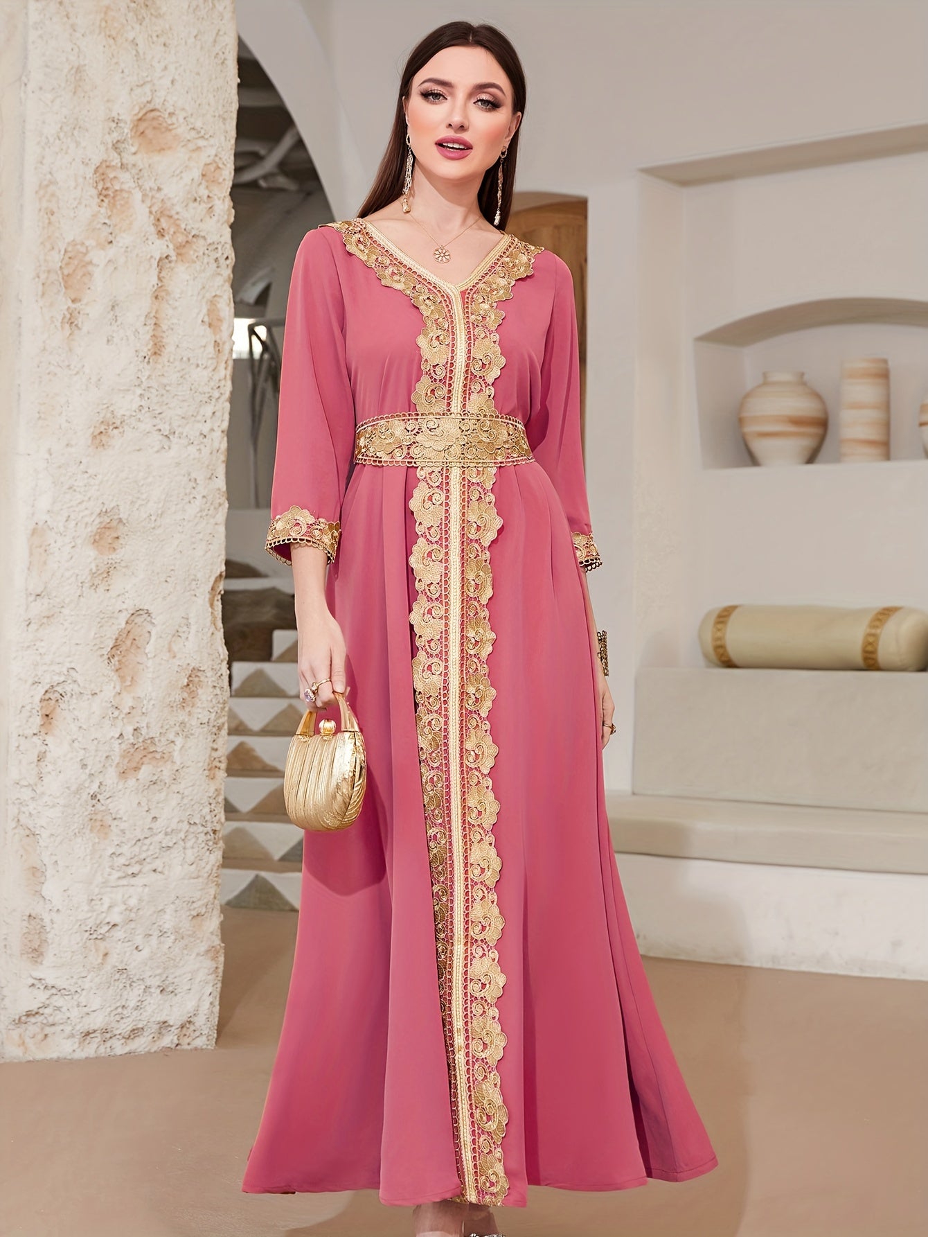 Ramadan Lace Trim V Neck Kaftan, Elegant Long Sleeve 'MH