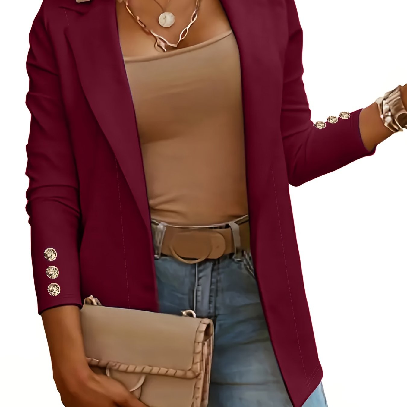 Solid Open Front Lapel Blazer, Elegant Button Decor Long Sleeve Blazer.