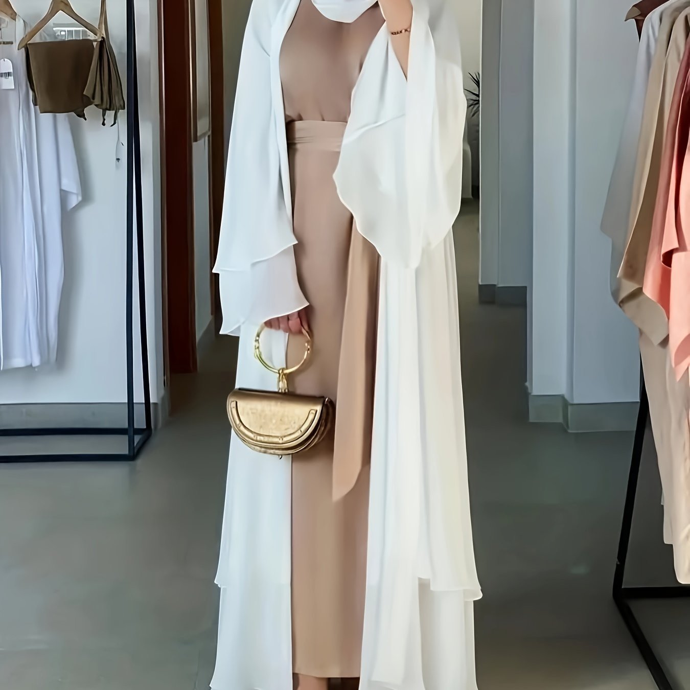 Solid Color Tie Waist Modest Dress, Elegant Layered Hem Maxi '/MH