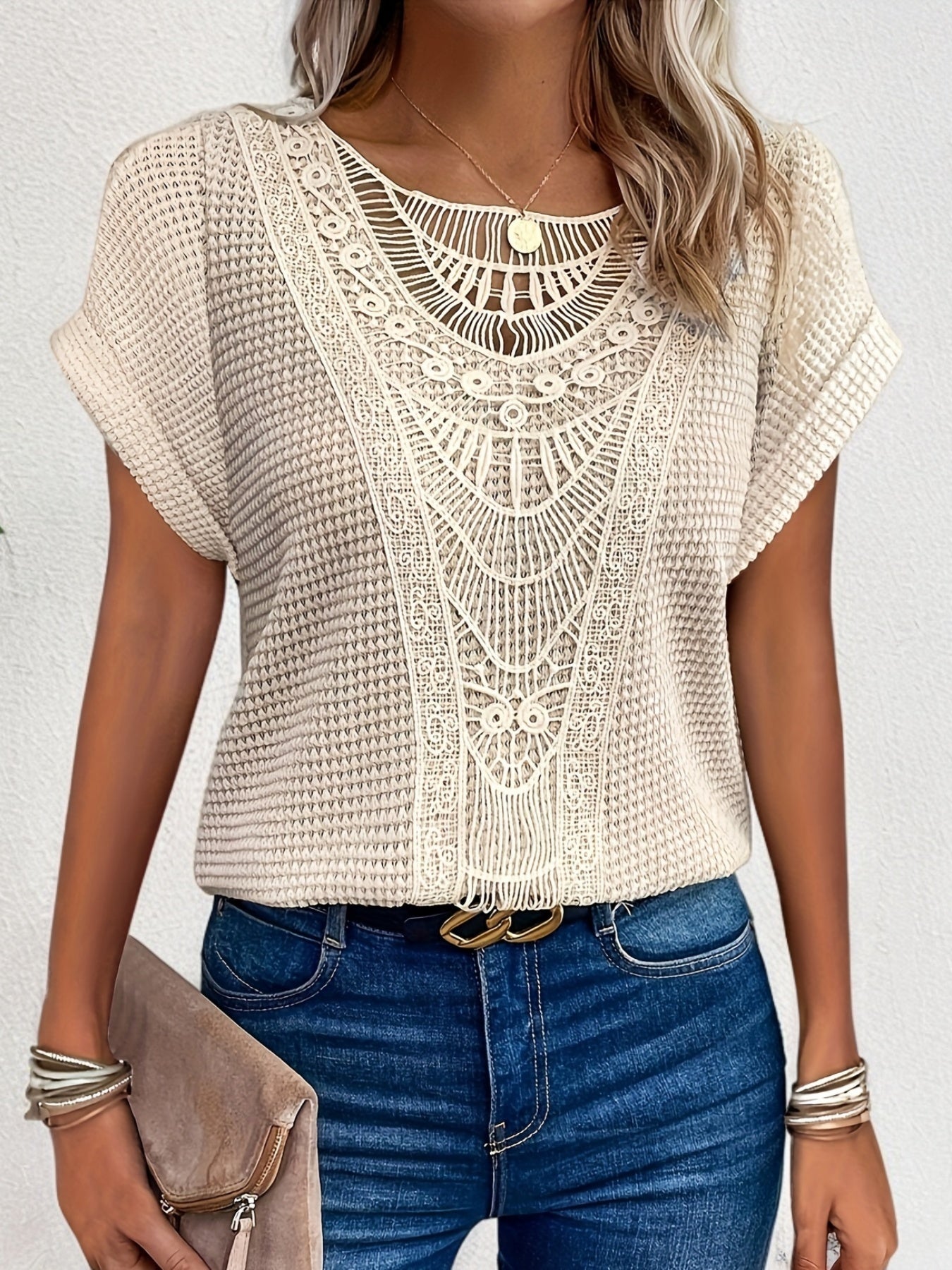 Lace Splicing Crew Neck T-shirt, Casual Short Sleeve Top For Spring & Summer, Women's Clothing