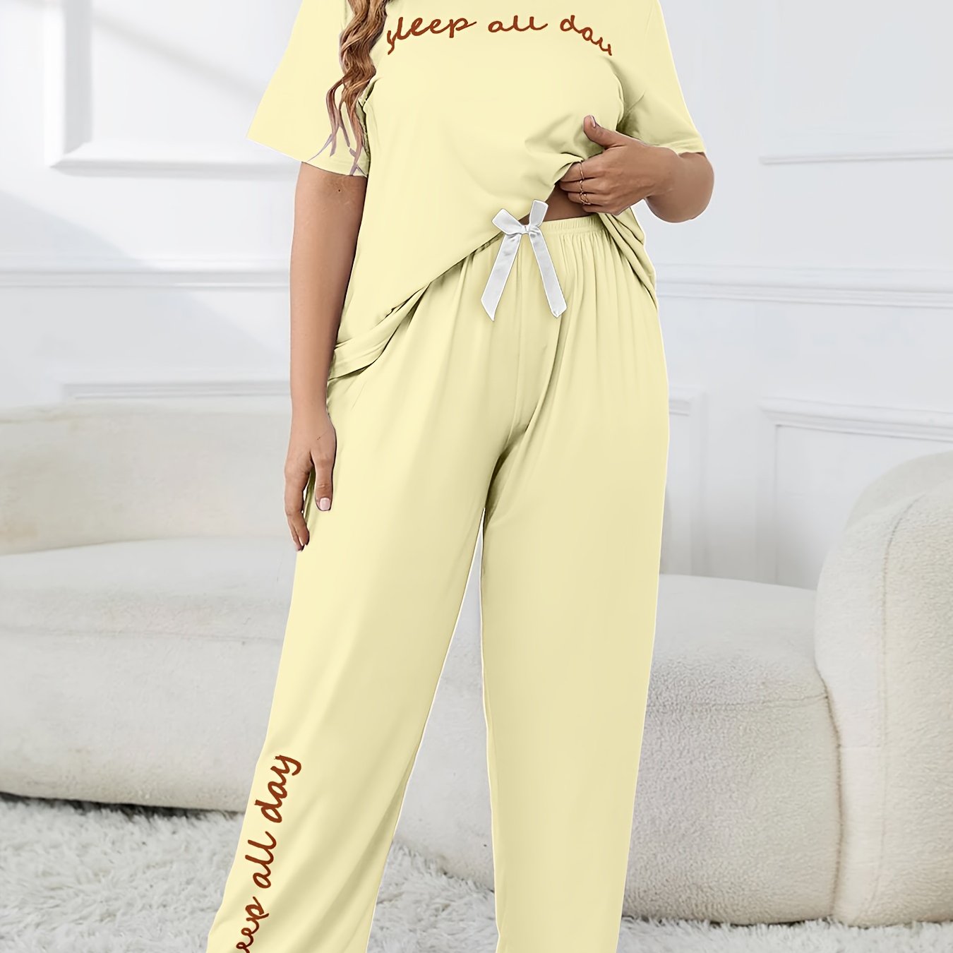 Plus Size Women's Cute Pajama Set, Plus Size Letter Print Short Sleeve Top and Pants Casual 2pcs, Plus Size Pajama Sets