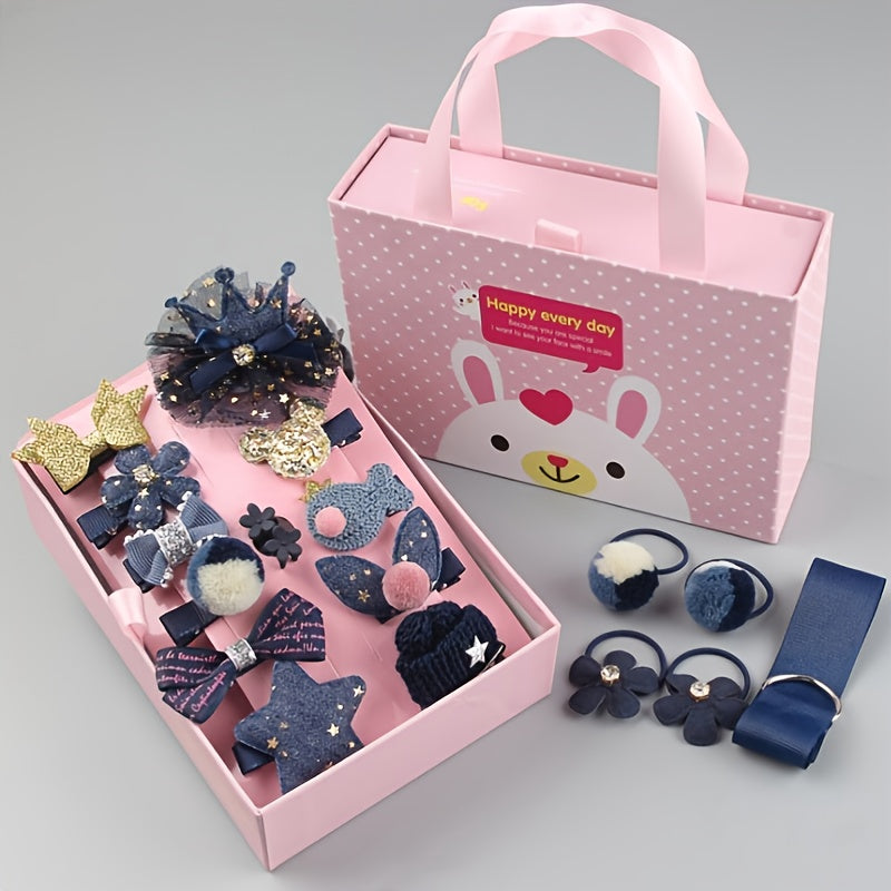 Deluxe Princess Hair Accessory Kit for Girls - Sparkling Rhinestone Clips, Cute Bow Ties & Elastic Bands with Pink Gift Box & Ribbon Hanger - Soft, Lightweight & Safe for and Youngsters, Hair Accessories for Girls