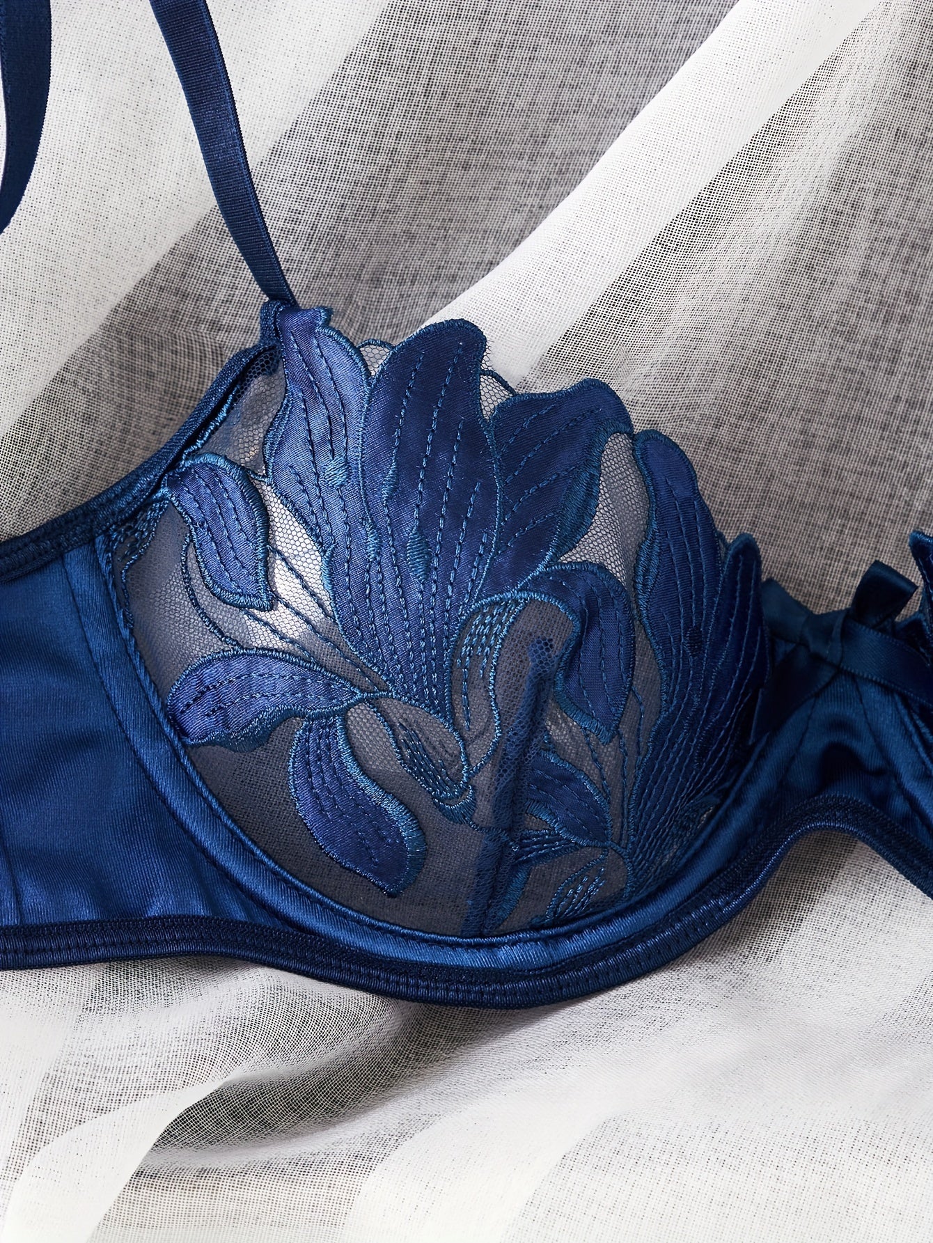 Elegant Lingerie Set, Floral Embroidery Semi Sheer Cami Bra & Panties,/MH