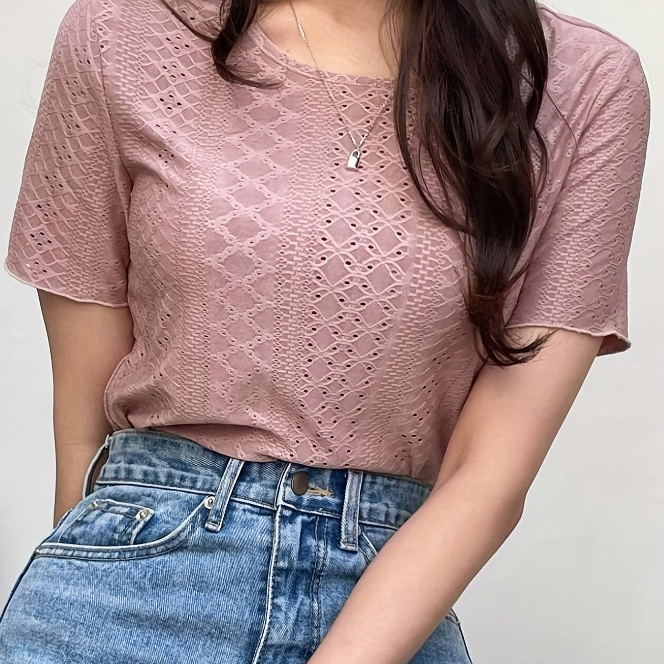 Eyelet Embroidery T-Shirt, Short Sleeve Crew Neck Summer Casual Top, Women's Clothing