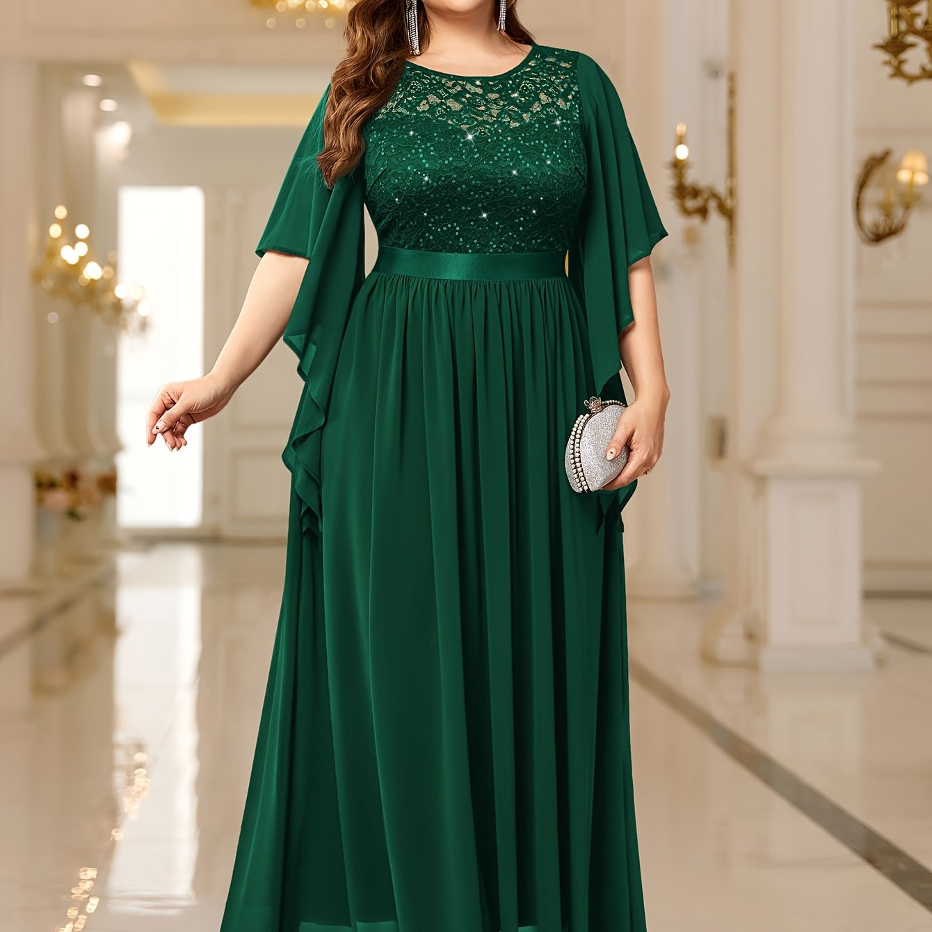 Elegant Plus Size Women's Butterfly Sleeve Sequin Lace Evening Dress .MH