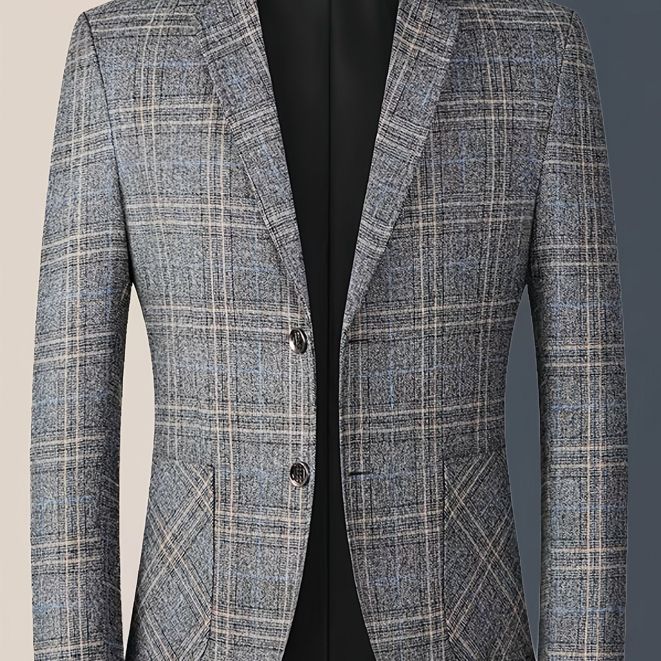 Men'S Checked Pattern Blazer with Pockets - Formal Two-Button Lapel,
