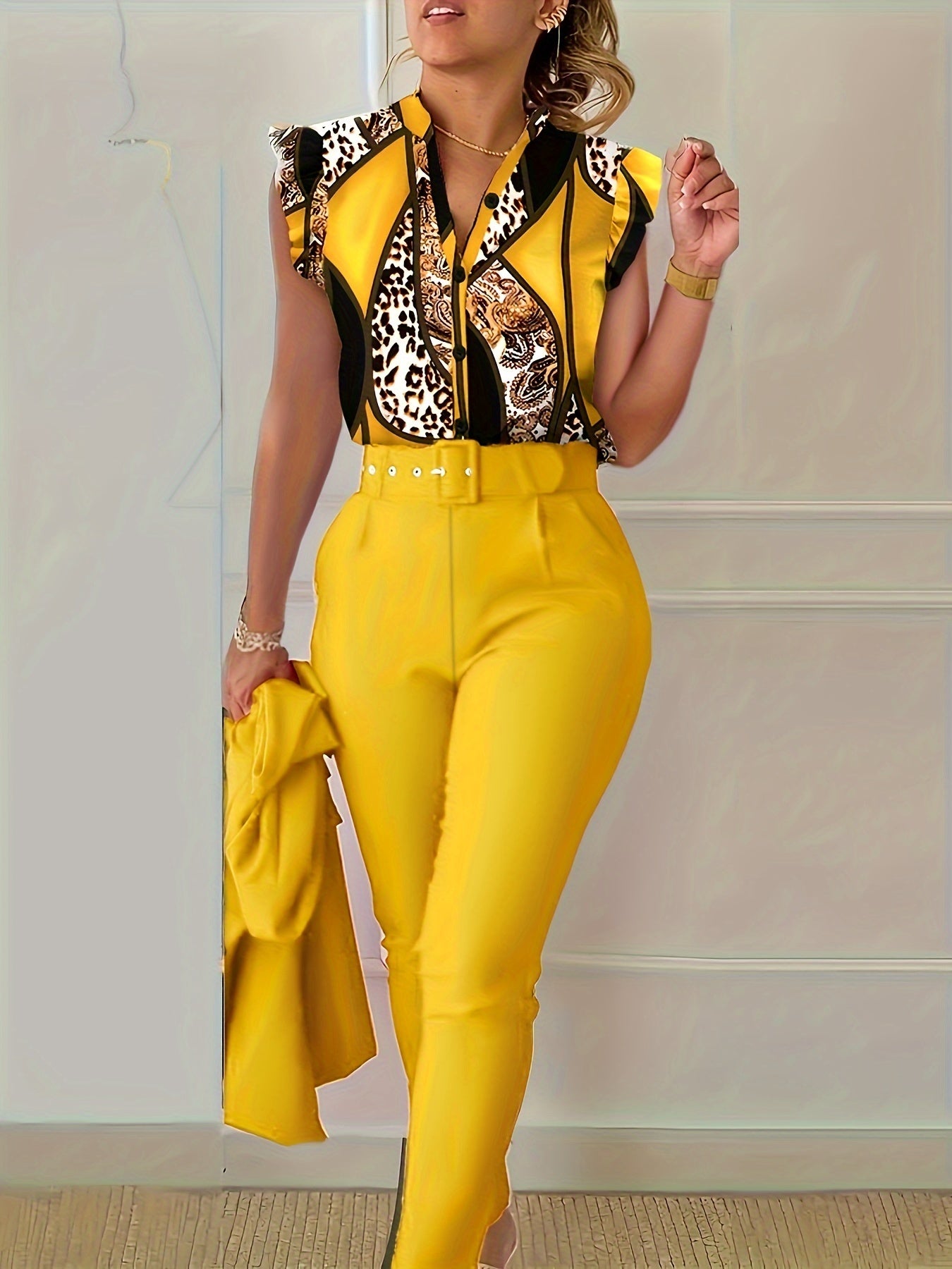 Leopard Print Colorblock Two-piece Set,
