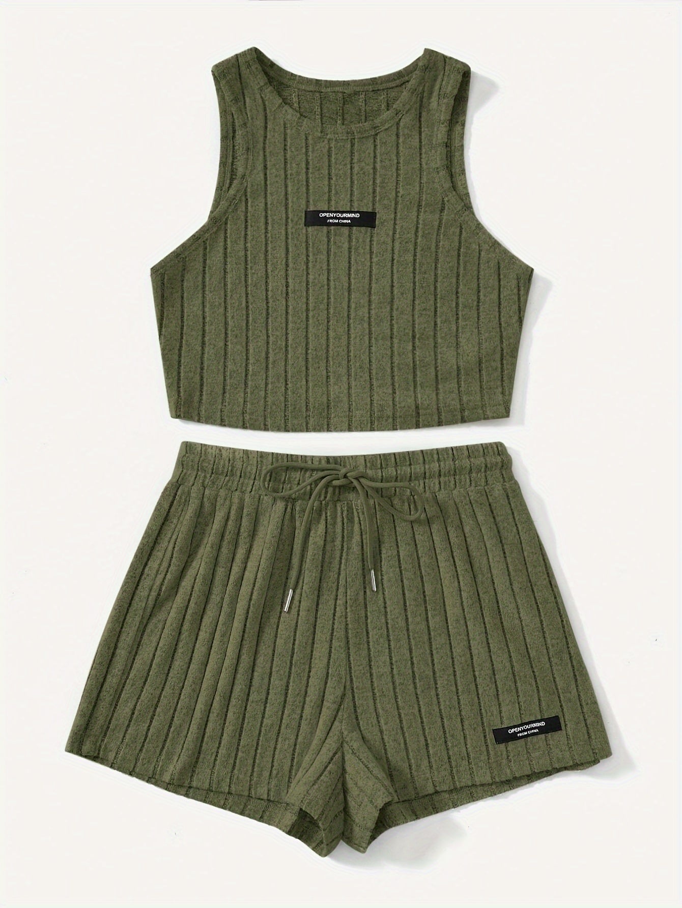 Ribbed Casual Two-piece Set, Crew Neck Sleeveless Tank Top & Drawstring Shorts Outfits, Women's Clothing