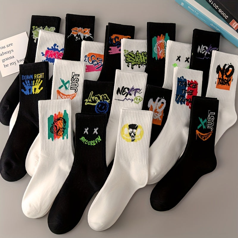 10 Pairs Graffiti Print Socks, Street Style Soft Unisex Mid Tube Socks./MH