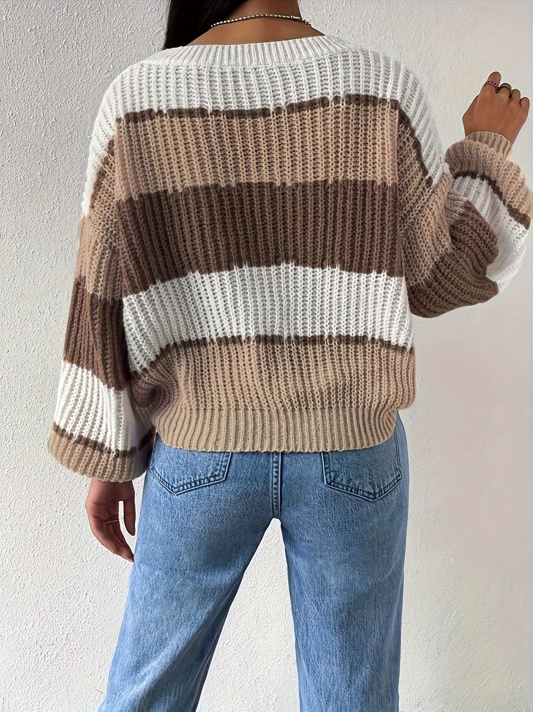 Crew Neck Pullover Sweater, Casual Lantern Sleeve Loose Sweater,