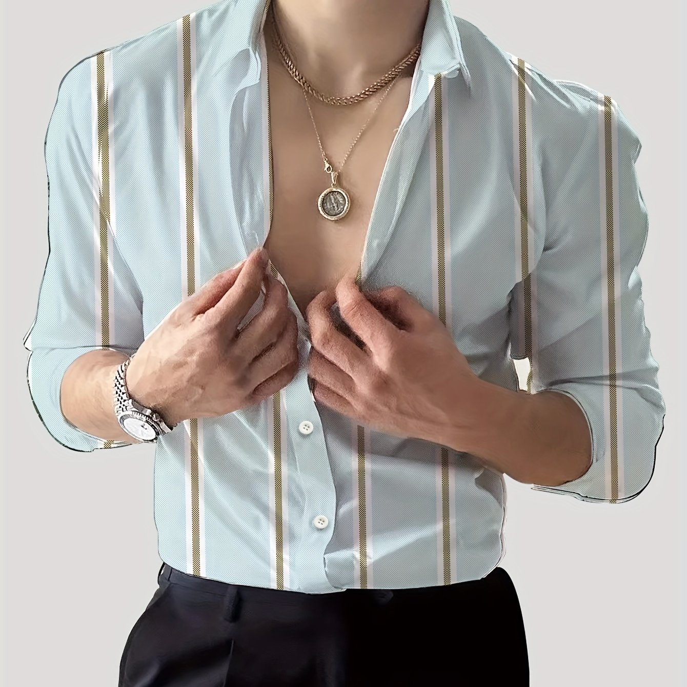 Men's Striped Lapel Collar Dress Shirts, Long Sleeve .