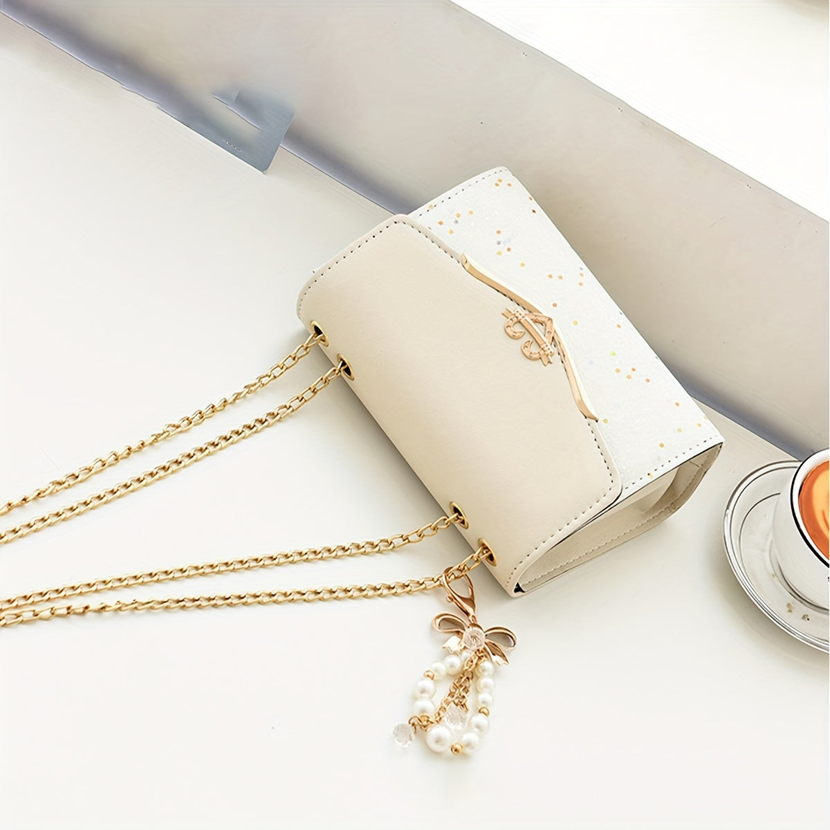 Fashion Polka Dot Beige PU Shoulder Bag .