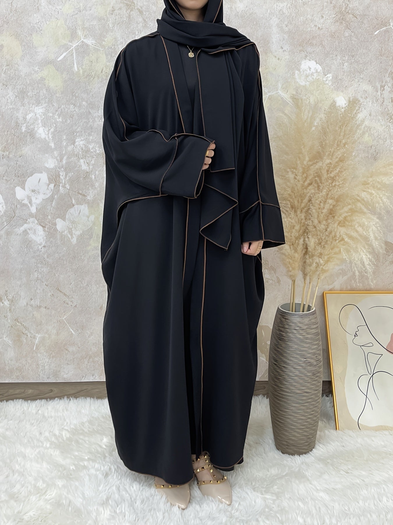 Elegant Contrast Trim Two-piece Set, Open Fron& Khimar Hijab,/MH