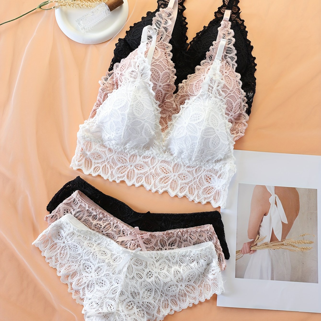 3 Sets Floral Lace Bra & Panties, Wireless Push Up Bra ./MH
