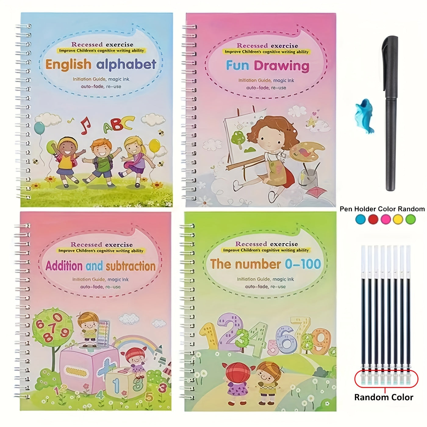 4pcs Magical Handwriting Workbooks Practice Copybook, Magic Calligraphy That Can Be Reused Handwriting Copybook Tracing Book (4 Books+1Pen+8Refills), Christmas Gift