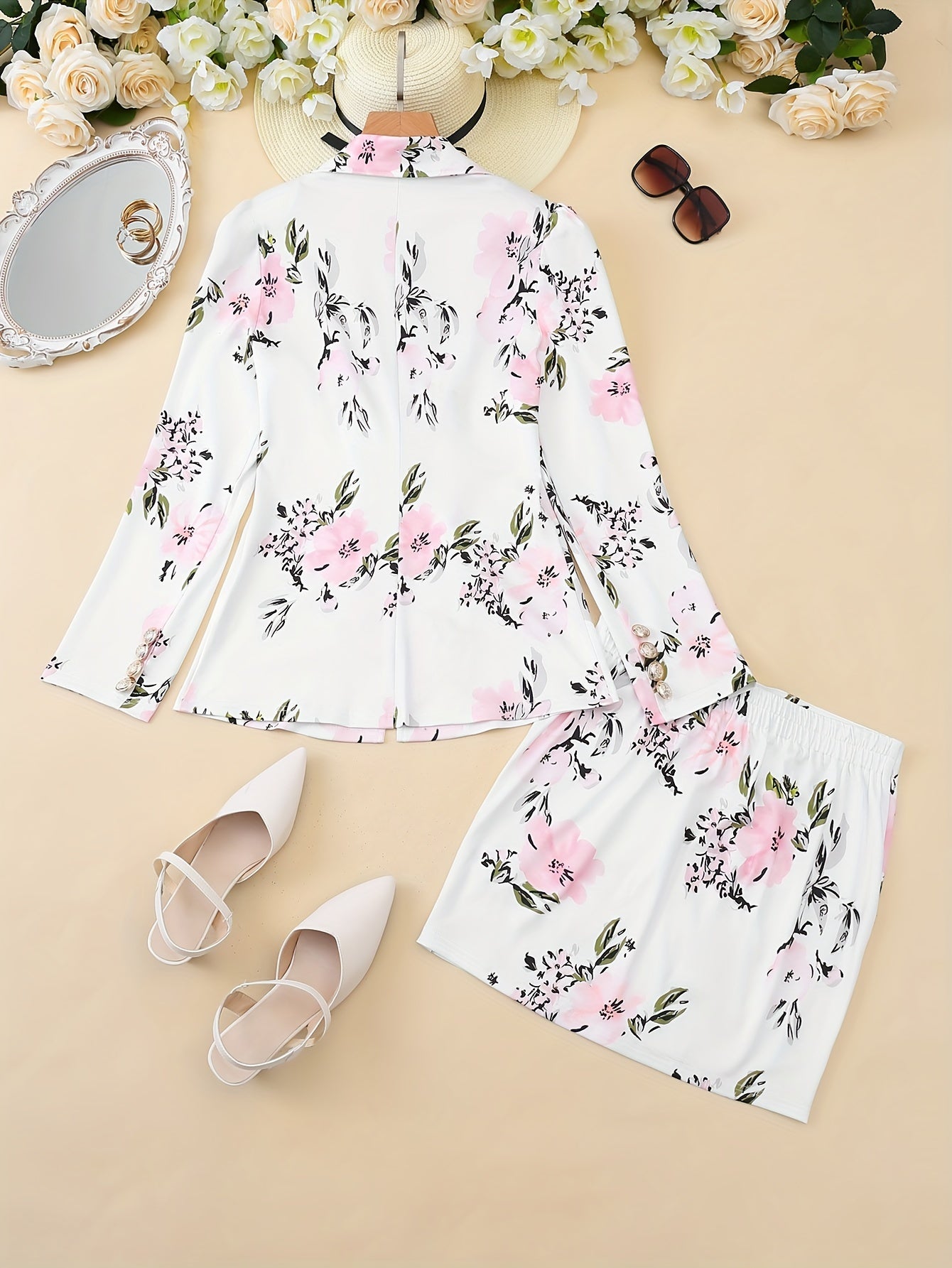 Two-Piece Floral Print Suit Set - Elegant Double Breasted Blazer.