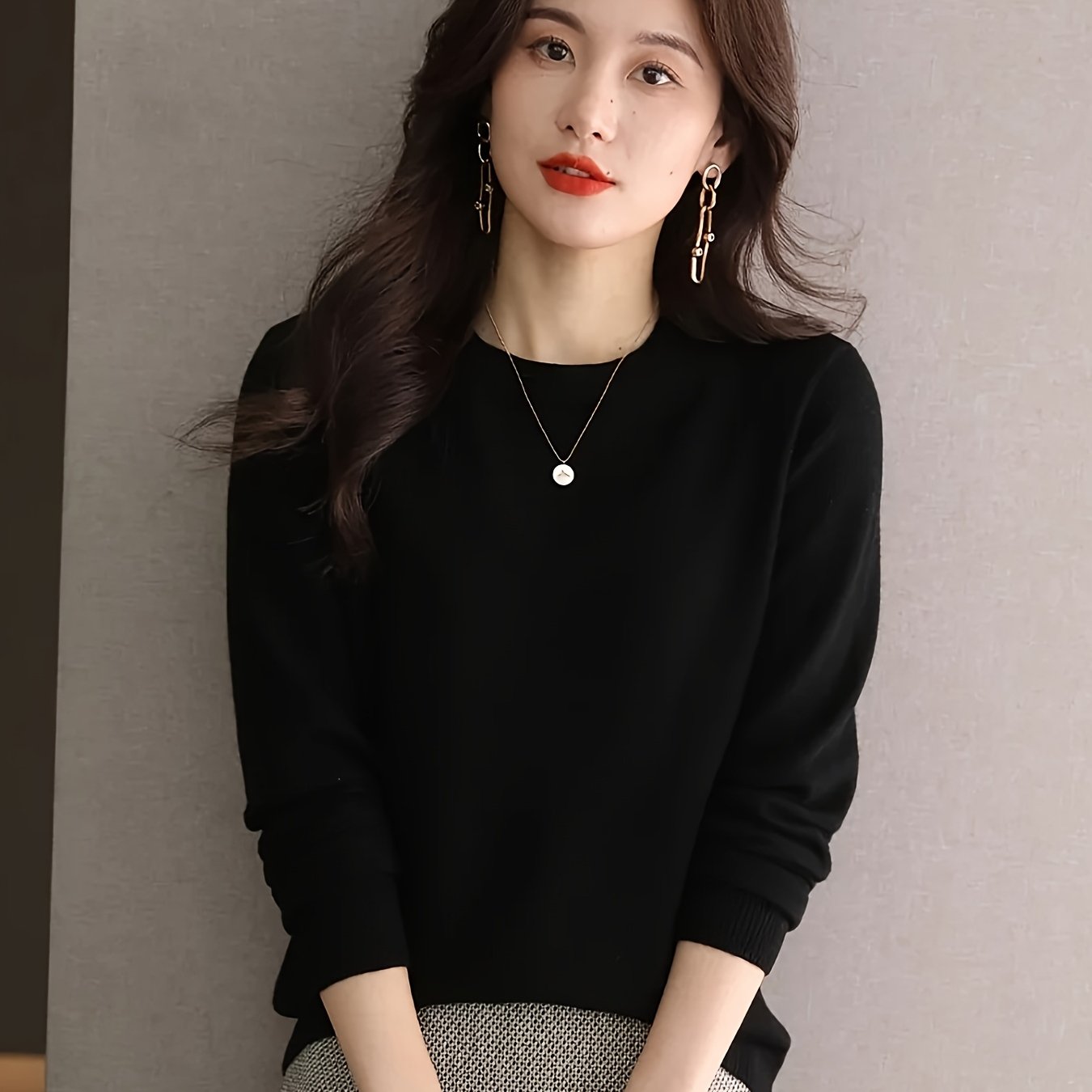 1pc Women'S 100% Wool Crew Neck Long Sleeve Knit Sweater,