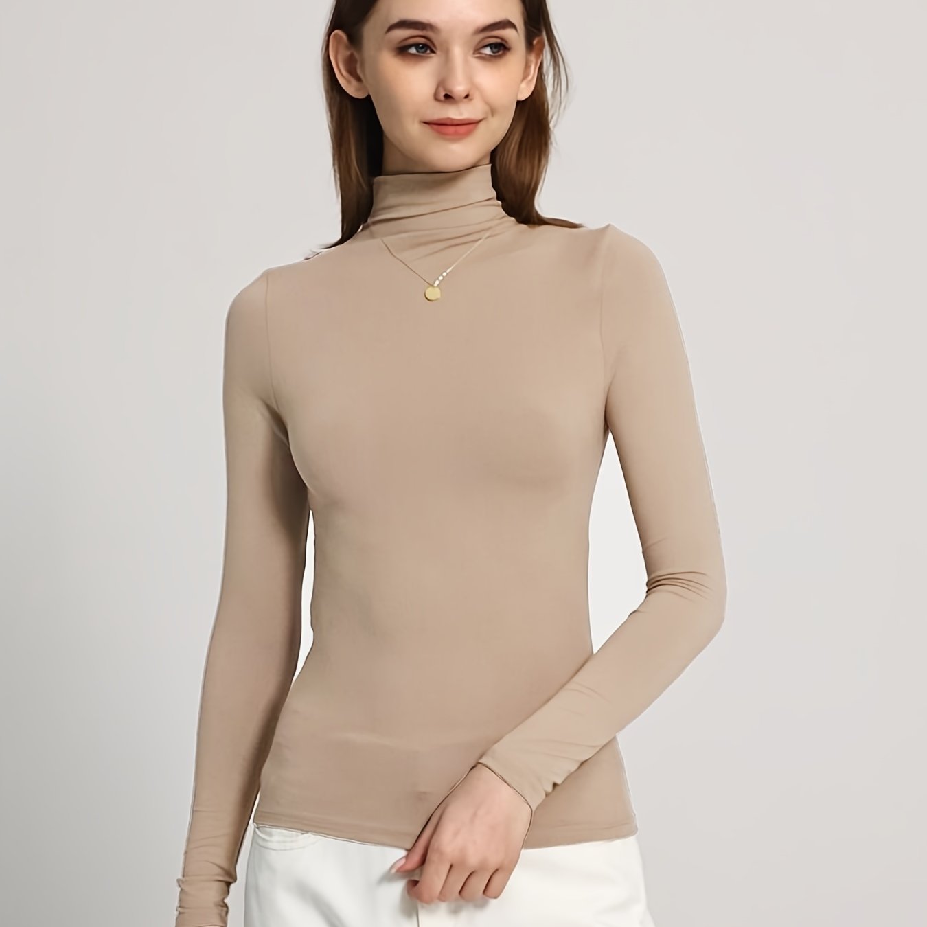 Women's High Neck Long Sleeve Turtleneck Top .
