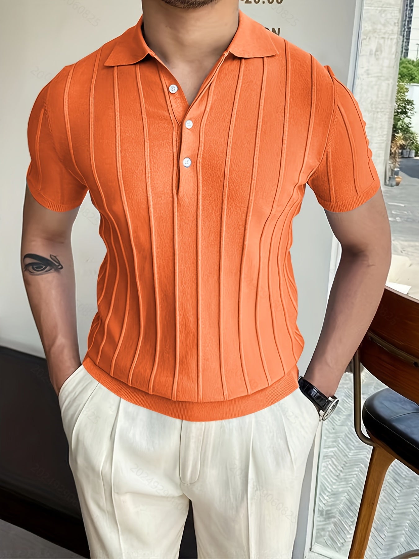 Vertical Striped Chic Shirt, Men's Casual Solid Color High Stretch .