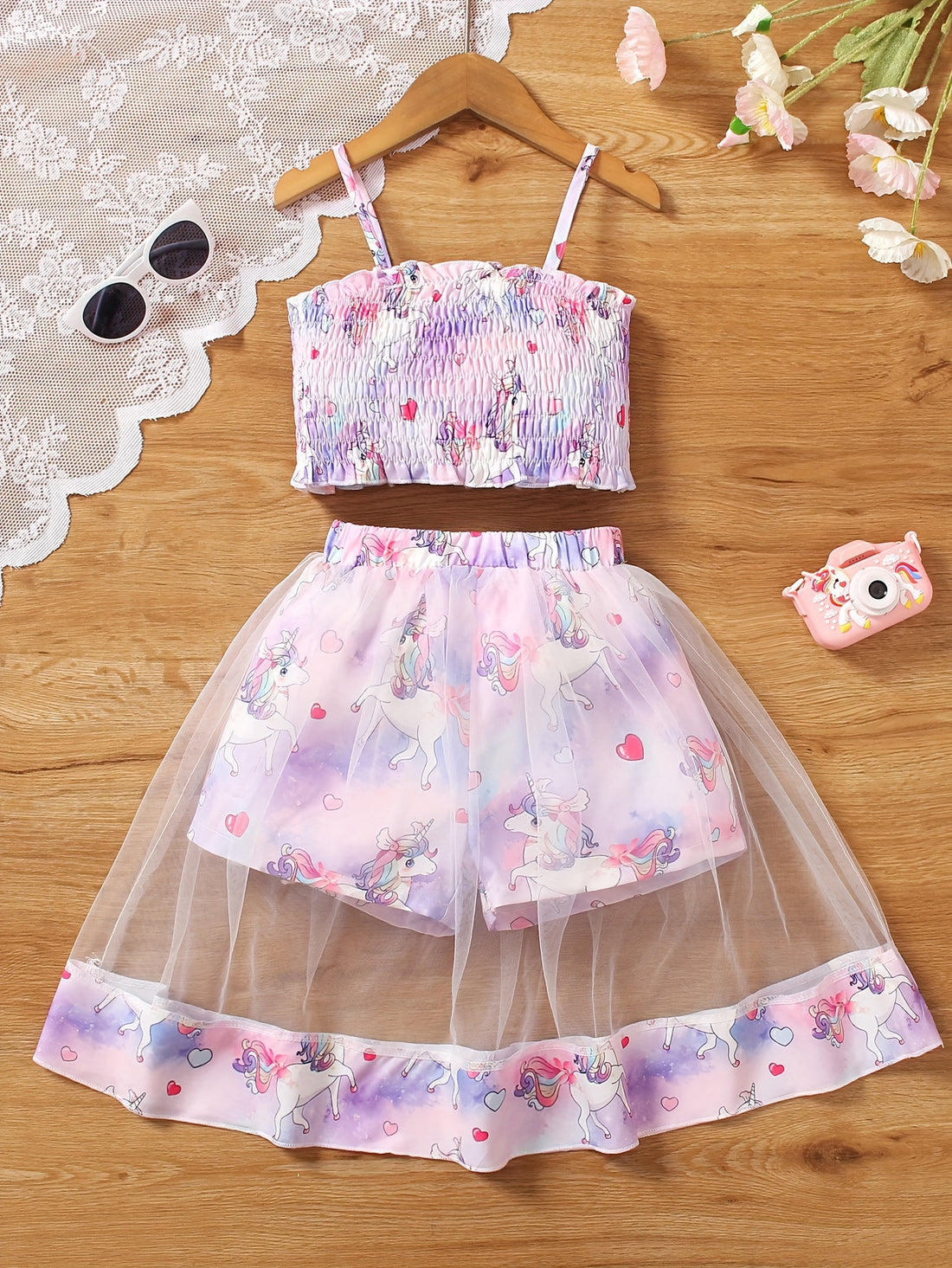 Girls' Two-Piece Set with Spaghetti Strap Butterfly Print .