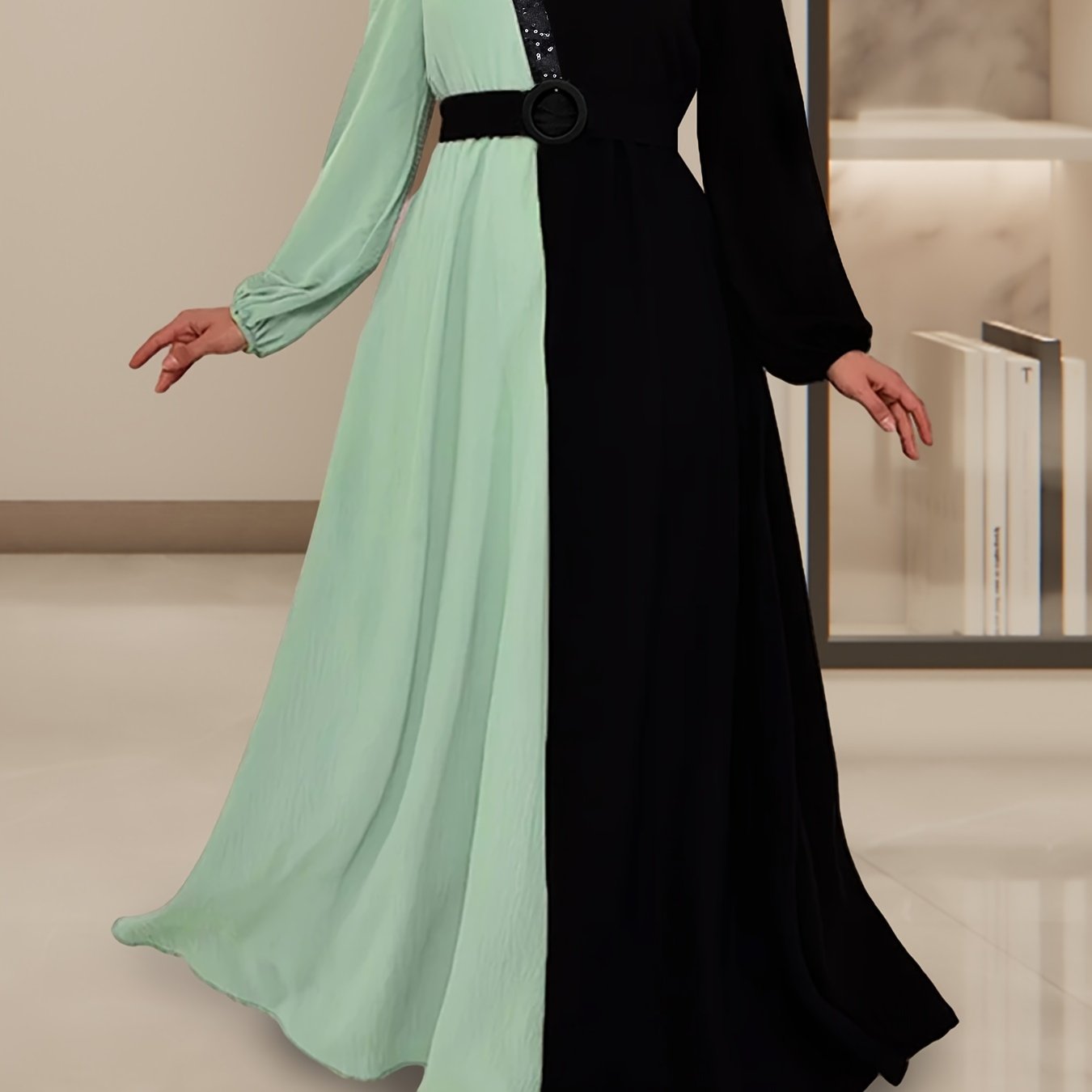 Color Block Long Sleeve Kaftan Dress, /MH