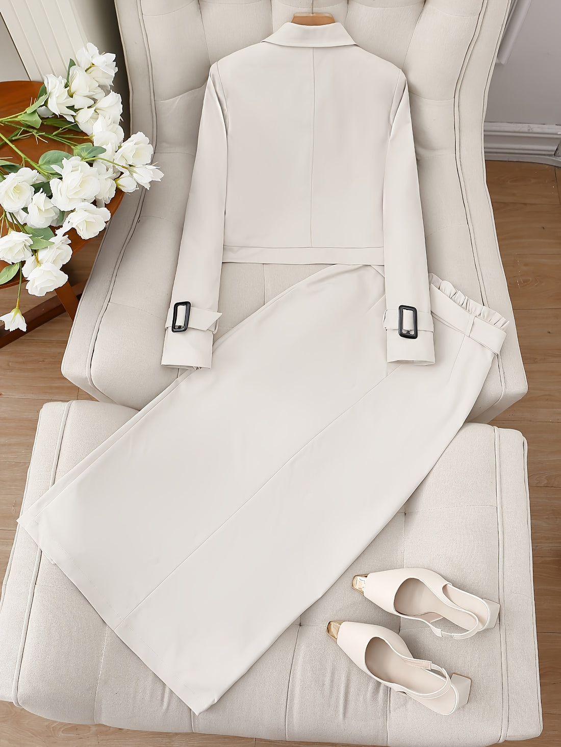 Elegant Women'S Trench Coat Skirt Suit with Belt,