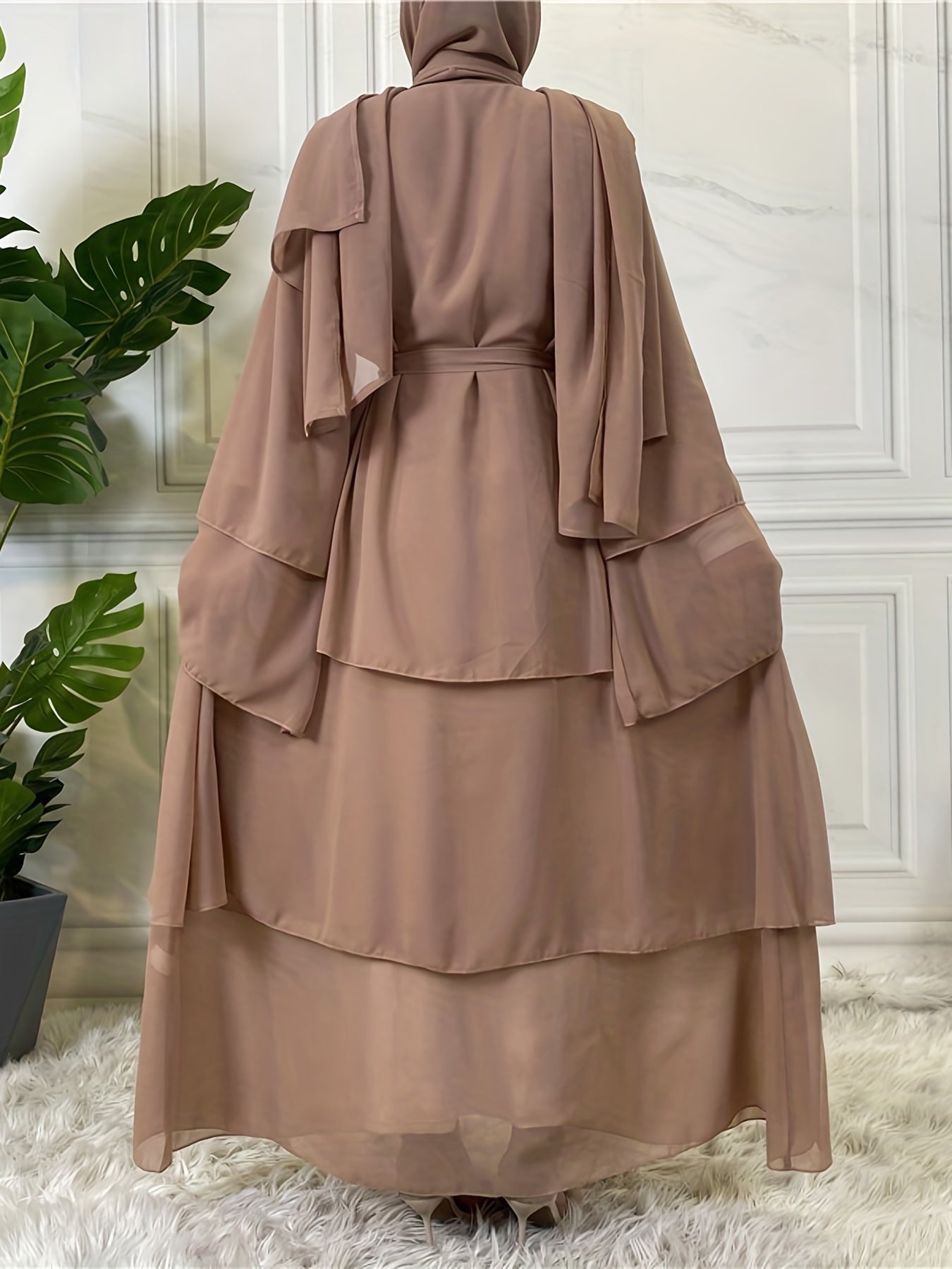 Layered Open Front Modest Dress, Long Sleeve Muslim Dress'/MH
