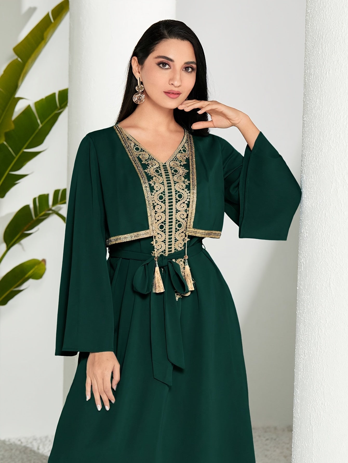 2 In 1 Lace Trim V-neck Kaftan Dress, /MH
