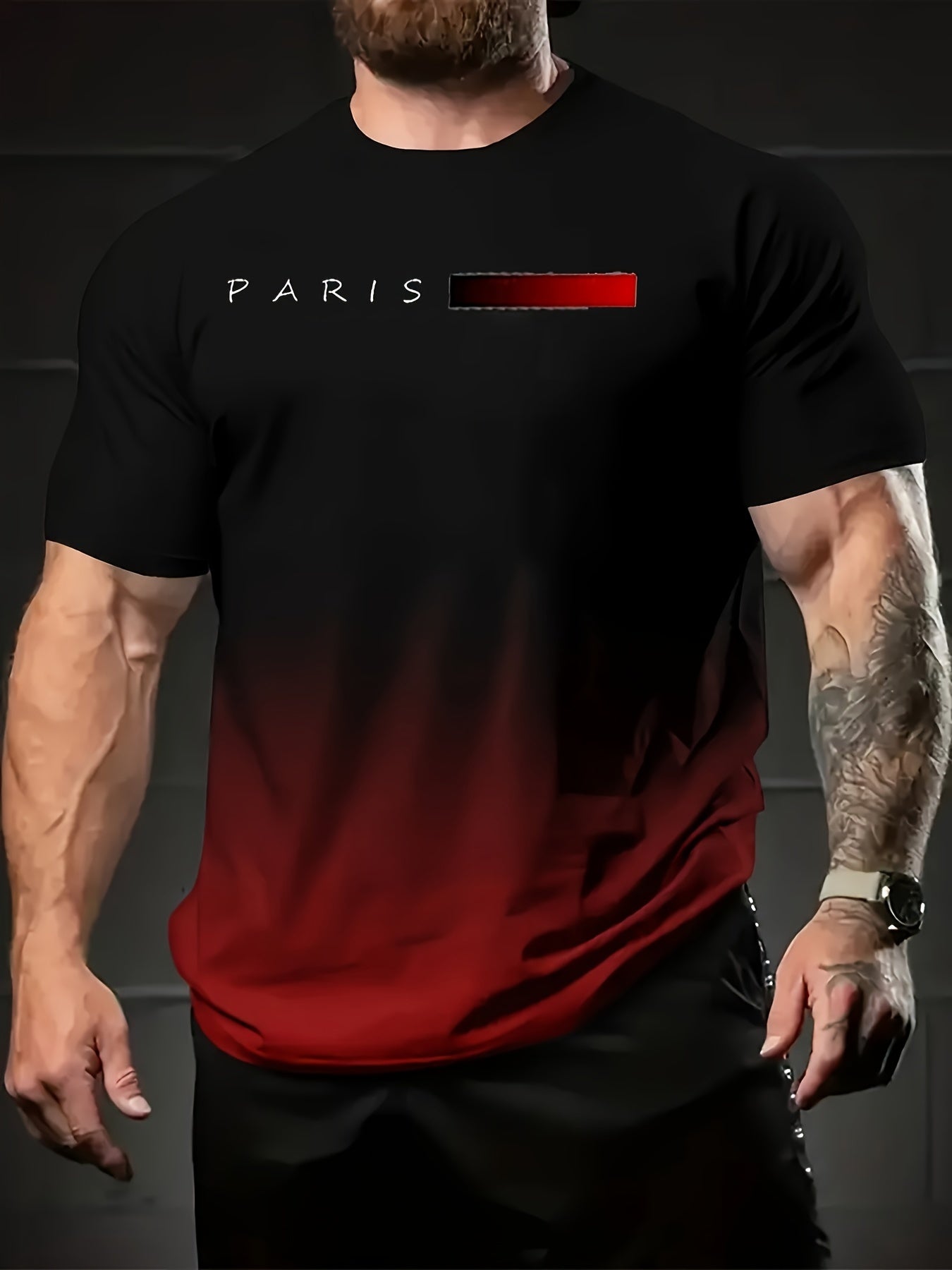 Summer Men's Gradient Paris Letter 3D Printed T-shirts.