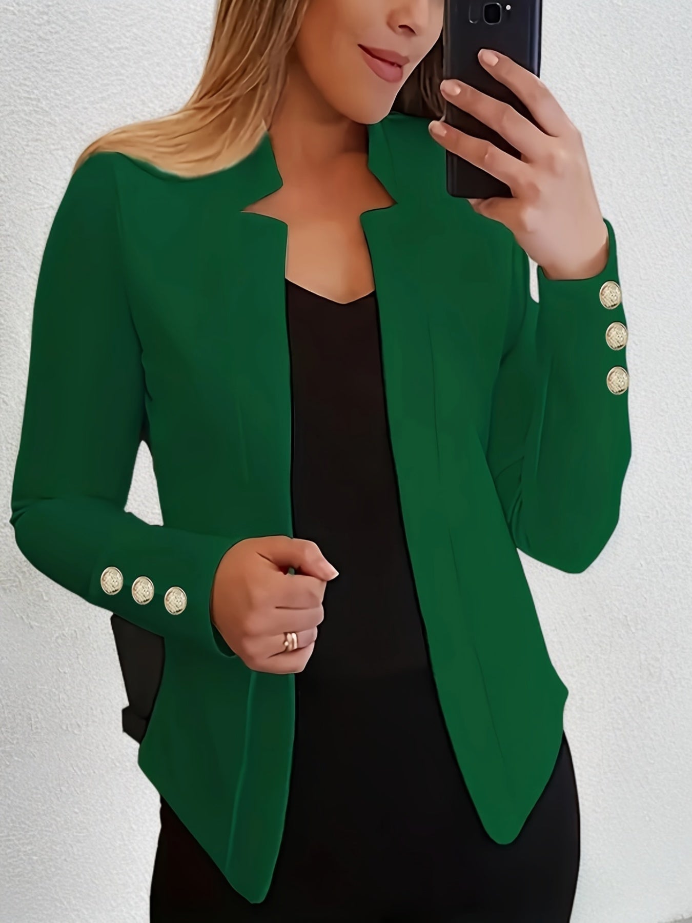 Solid Open Front Button Decor Blazer, Elegant Long Sleeve Blazer.