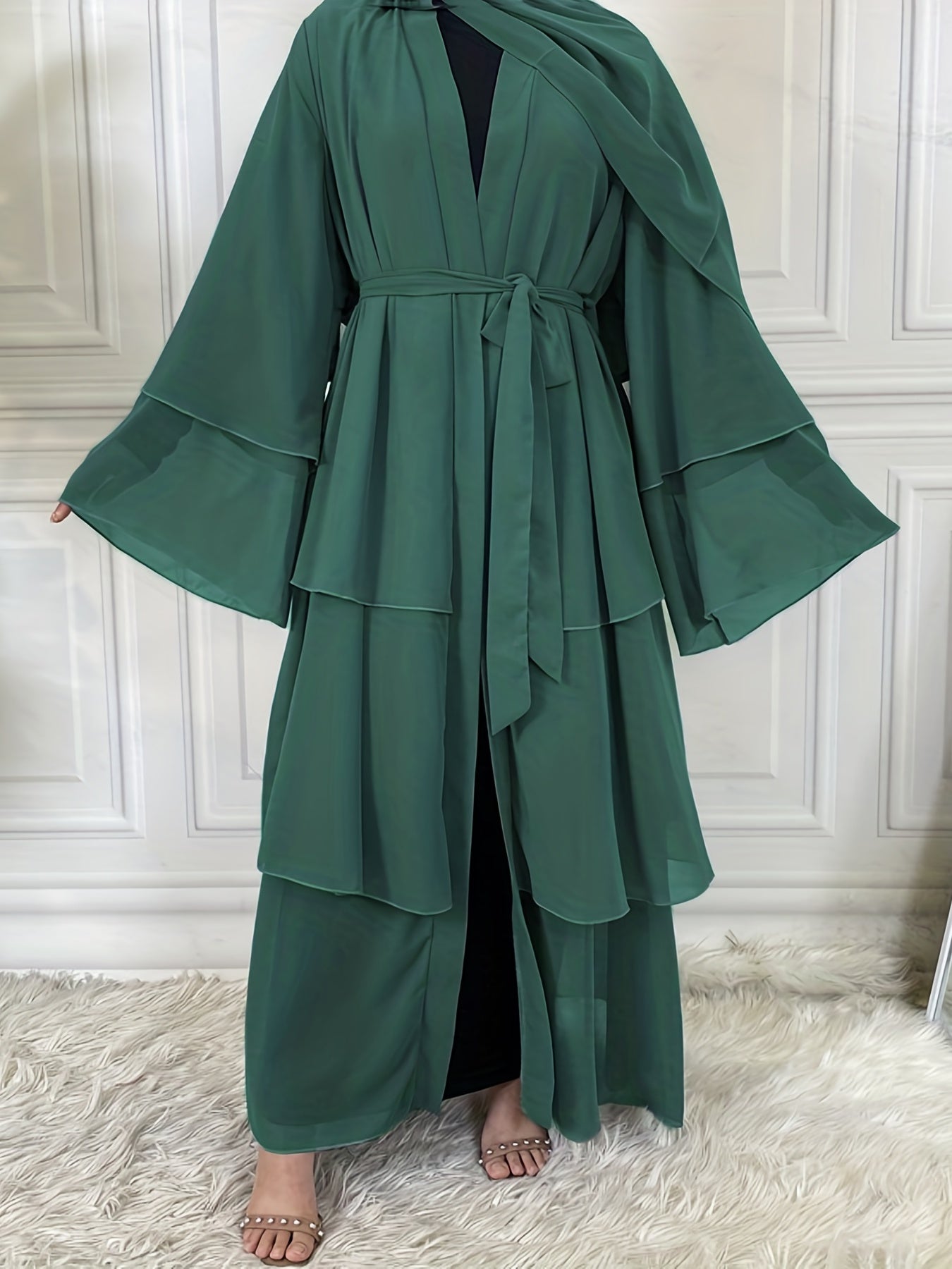 Layered Open Front Modest Dress, Long Sleeve Muslim Dress'/MH