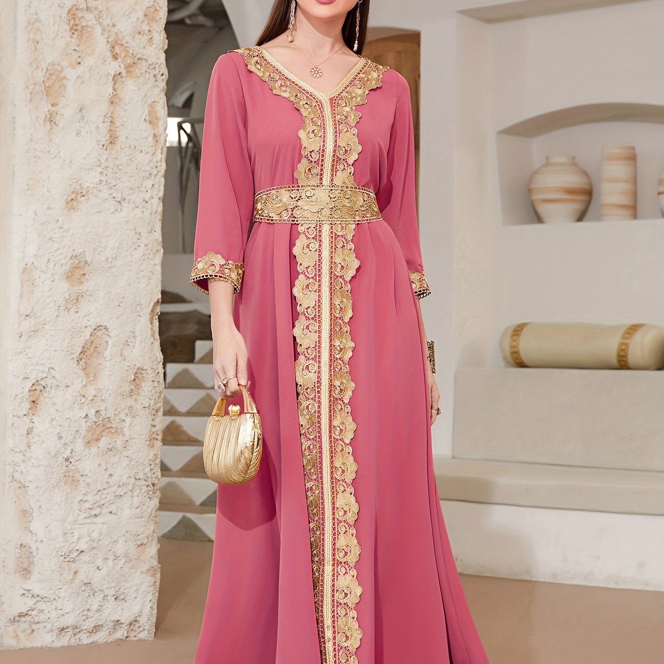 Ramadan Lace Trim V Neck Kaftan, Elegant Long Sleeve 'MH