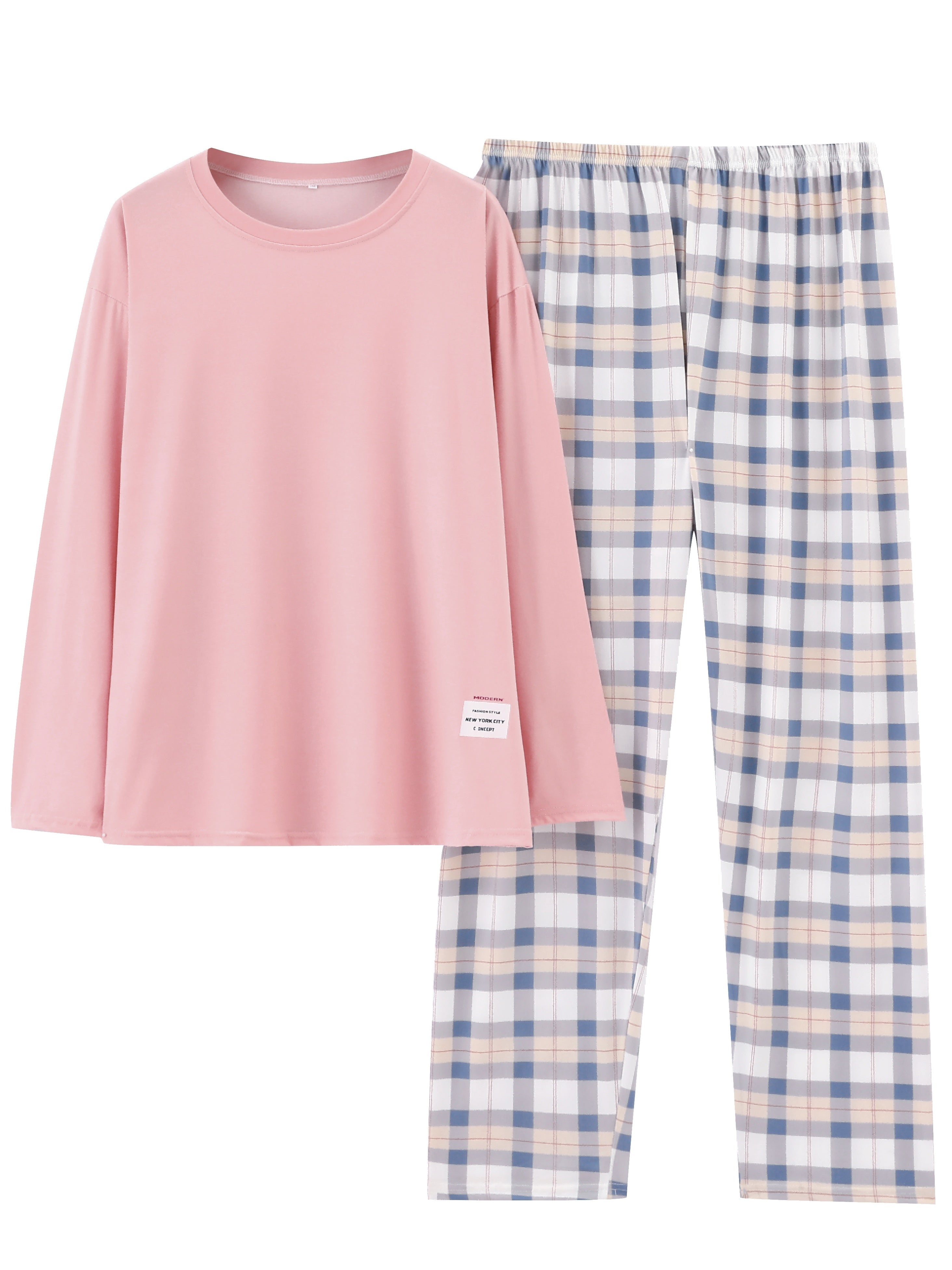 Plaid Print Crew Neck Pajamas Set,