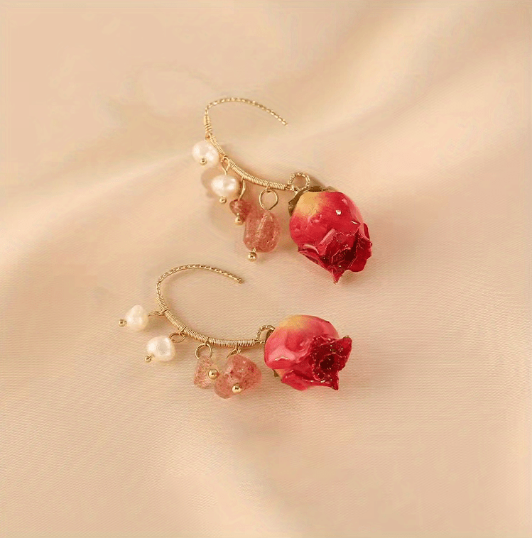 Delicate Eternal Rose Flower Earrings - Copper Jewelry with Faux Pearl Decor, Pastoral Elegant Style, Exquisite Gift for Women, Hypoallergenic, Nickel-Free, Durable, and Long-Lasting