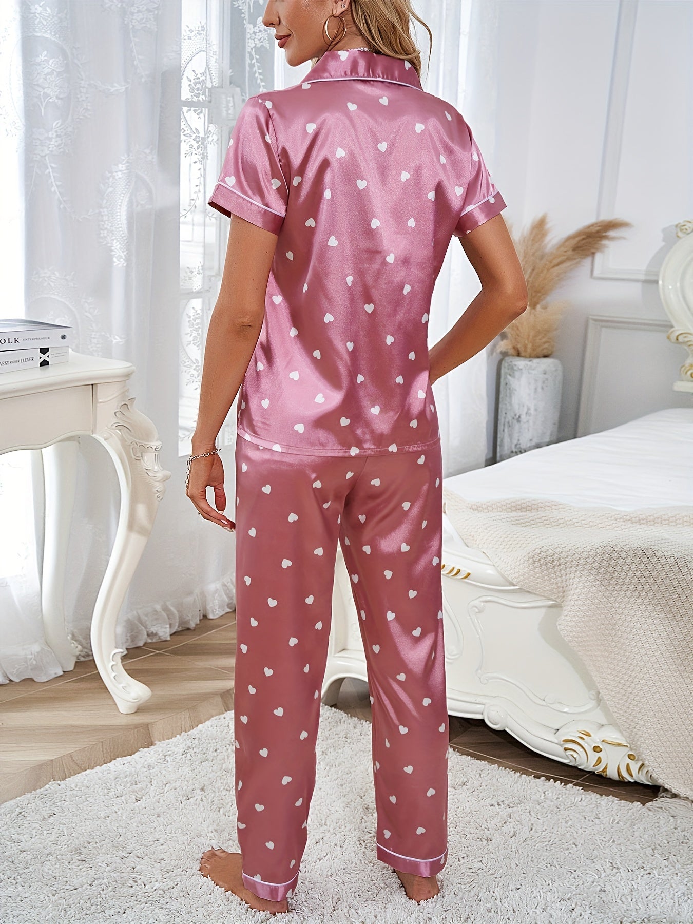 Heart Print Pajama Set, Short Sleeve Buttons Top & Elastic Waistband Pants,
