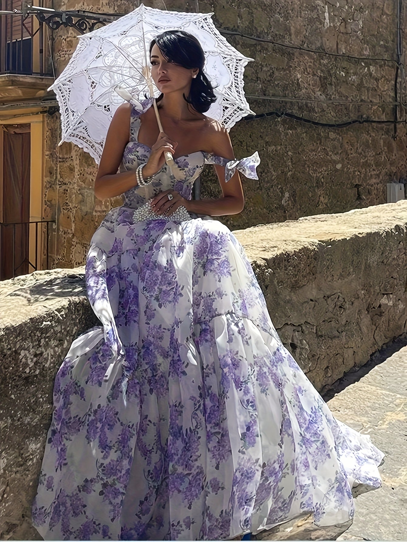 Elegant French Floral Off-Shoulder Long Dress - /MH