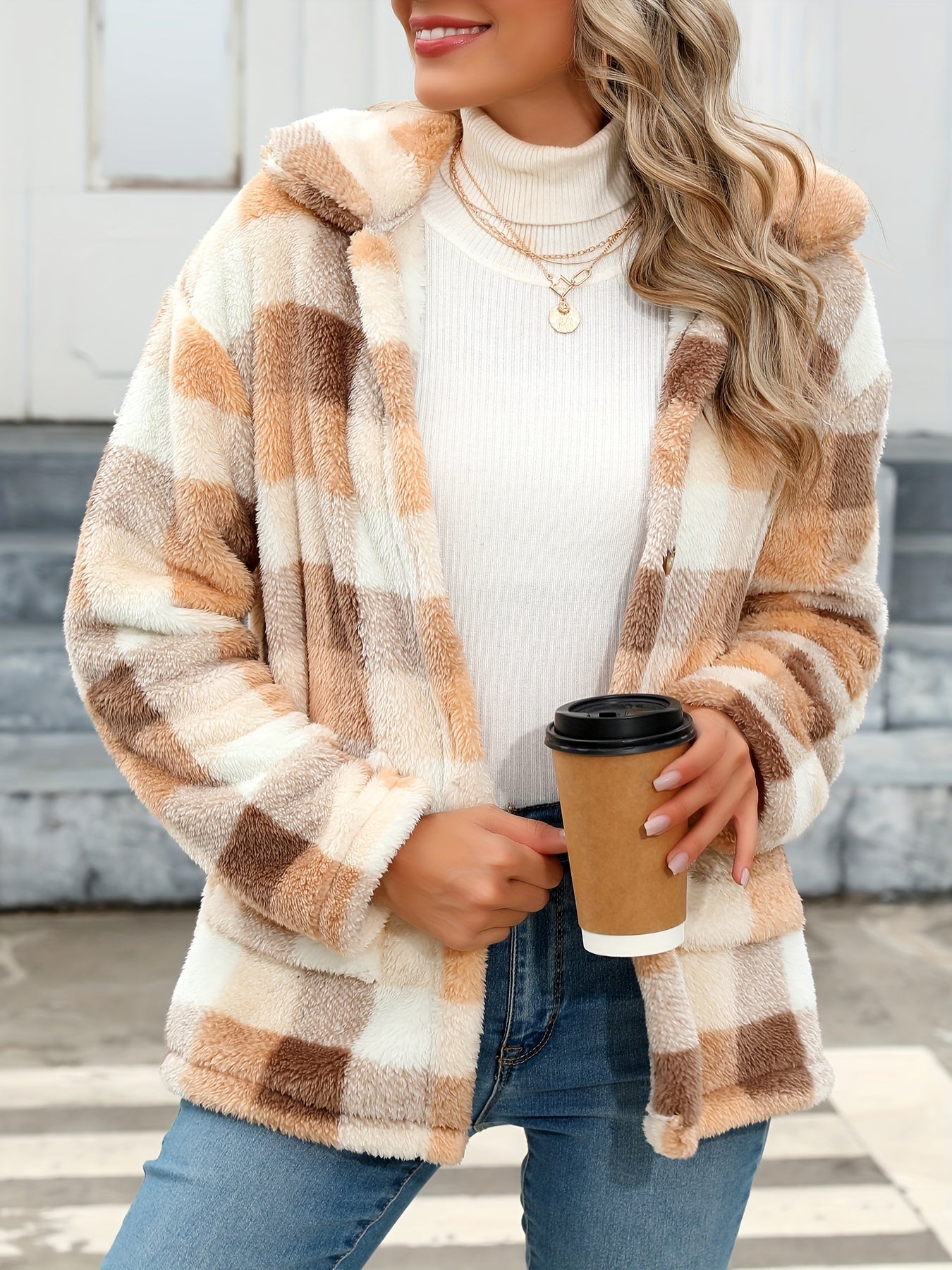 Long Sleeve Plaid Print Teddy Coat with Patched Pockets - Soft, Warm,