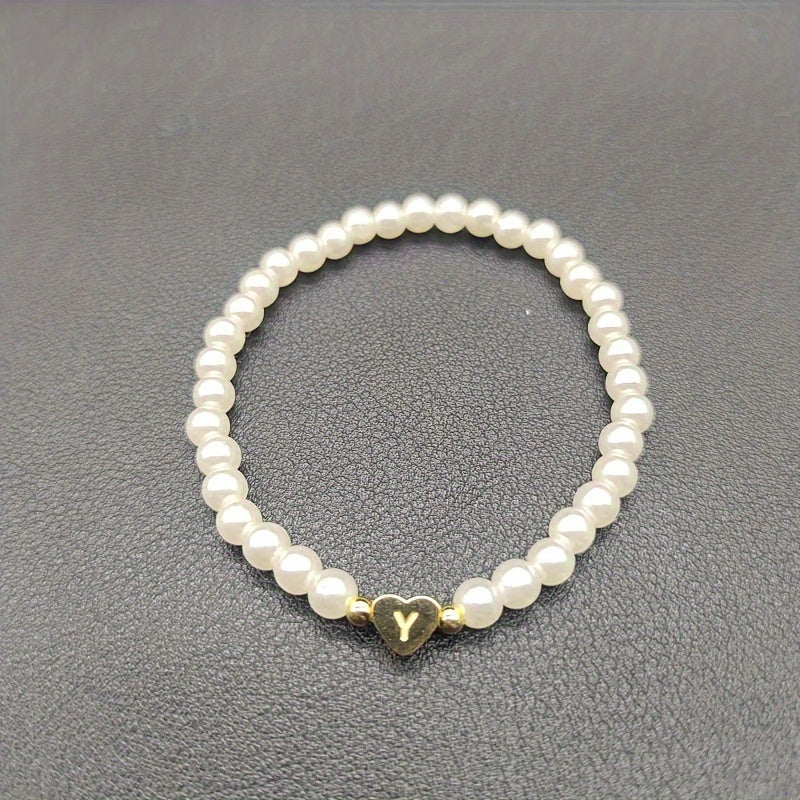 1pc Classic Initial A-Z Lettering Heart Faux Pearl Beaded Bracelet, Elegant Party Jewelry Birthday Gift For Teen Girls