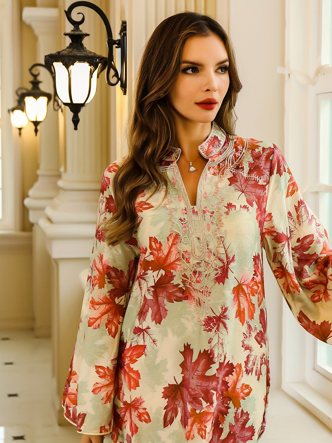 Maple Print Tie Neck Kaftan Dress, Elegant Long Sleeve 'MH