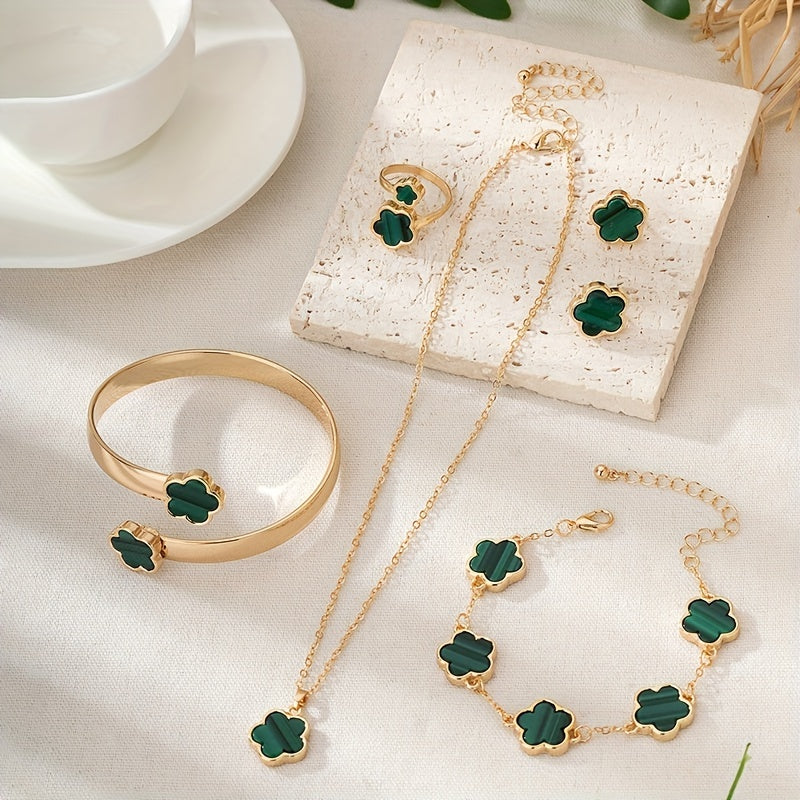1 Pair Stud Earrings + 1 Pc Necklace + 1 Pc Bracelet + 1 Pc Bangle + 1 Pc Ring - Lucky Flower Design Alloy Jewelry Set for Women -