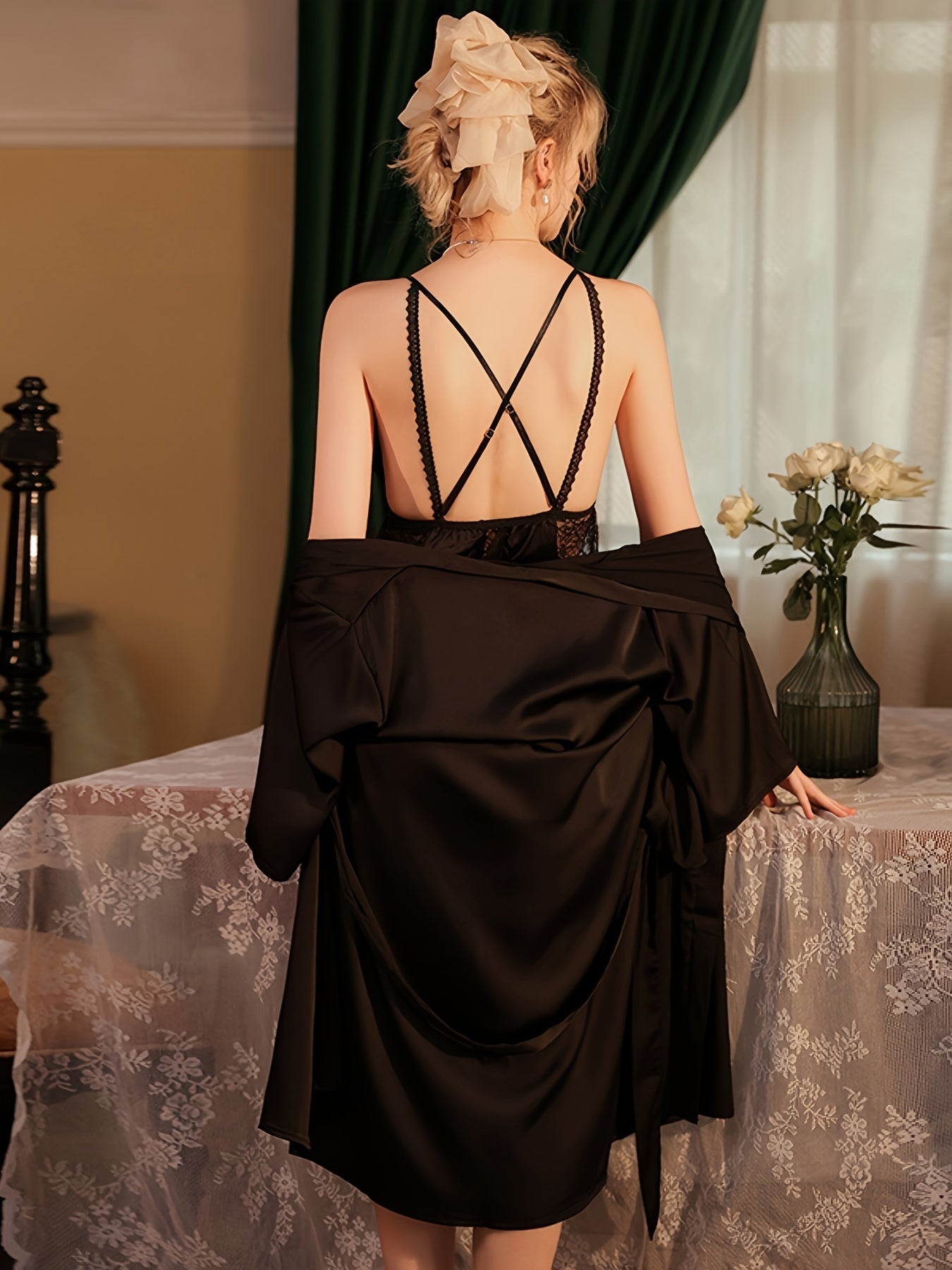 Elegant 4-Piece Lingerie Robe Set, Includes Kimono, Waist Belt, MH
