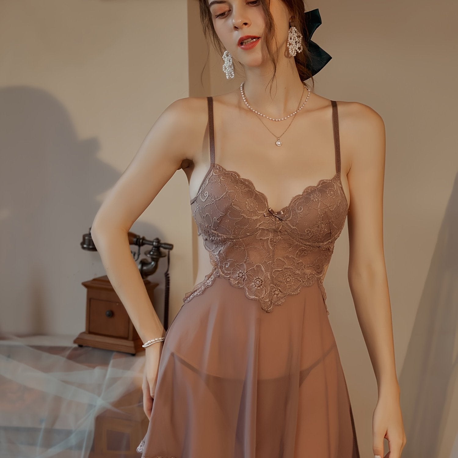 Hot Contrast Lace Dress, V Neck Backless Hollow Out Babydoll, /MH
