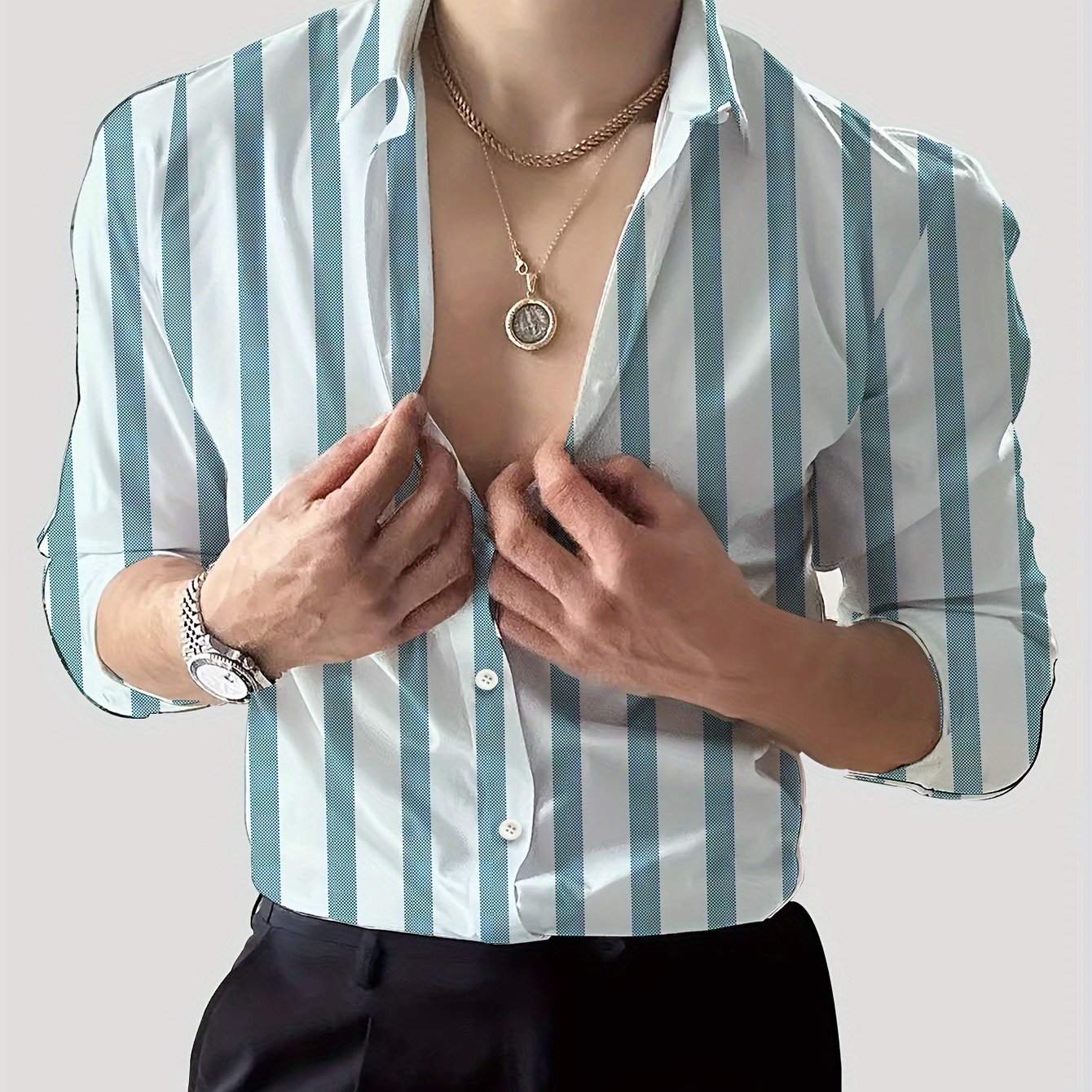 Men's Striped Lapel Collar Dress Shirts, Long Sleeve .