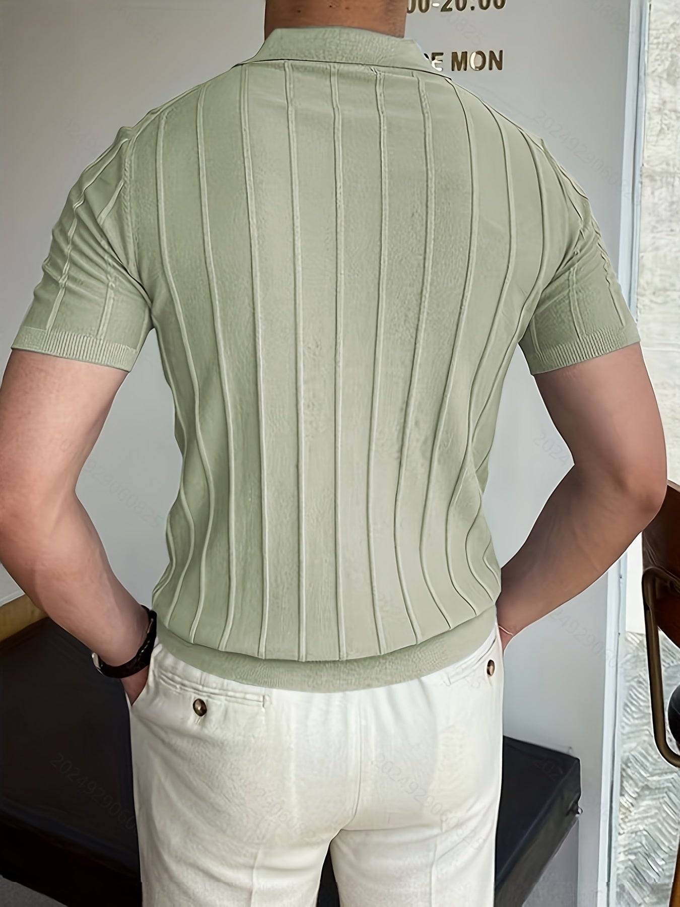 Vertical Striped Chic Shirt, Men's Casual Solid Color High Stretch .