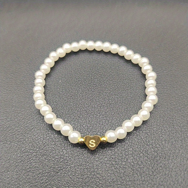 1pc Classic Initial A-Z Lettering Heart Faux Pearl Beaded Bracelet, Elegant Party Jewelry Birthday Gift For Teen Girls